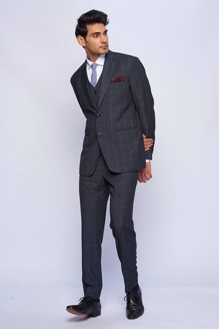 Shop_Tisa - Men_Grey Checkered Suit Set _Online_at_Aza_Fashions