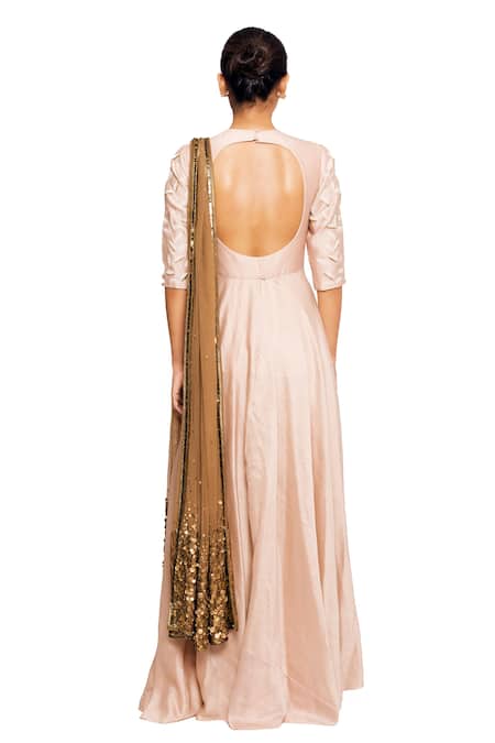 Shop Salt And Spring Pink Net, Chanderi Leaf Motifs Round Embroidered Anarkali With Dupatta at Aza Fashions Shop_Salt And Spring_Pink Net, Chanderi Leaf Motifs Round Embroidered Anarkali With Dupatta _at_Aza_Fashions