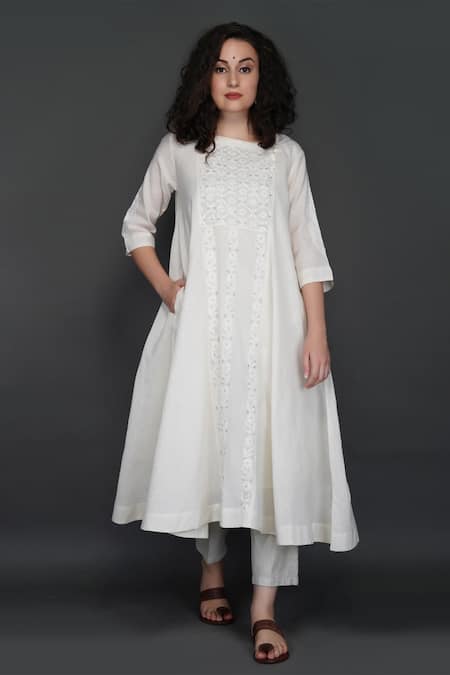 Buy Sufia White Cotton With Lurex Chikankari Hand Embroidered Kurta ...