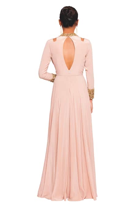 Shop_Salt and Spring_Pink Silk Crepe Embellished Nalki Band Collar Shoulder Cut-out Gown _at_Aza_Fashions