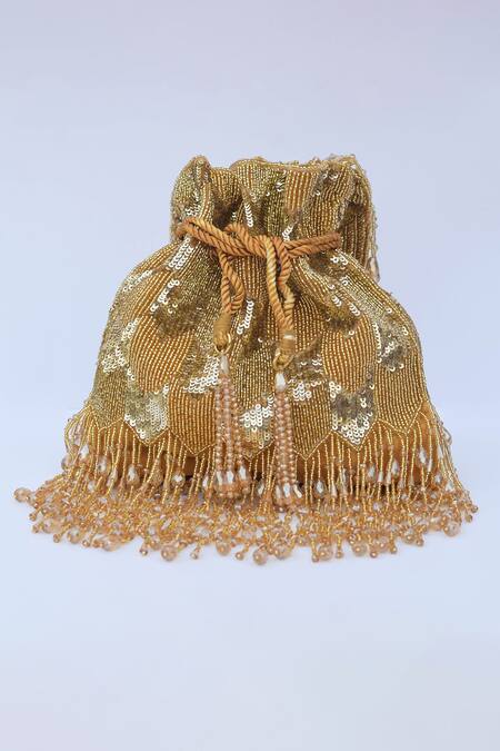 Shop Eena Gold Embroidery, Beads Fringe Potli Bag at Aza Fashions Shop_Eena_Gold Embroidery, Beads Fringe Potli Bag _at_Aza_Fashions