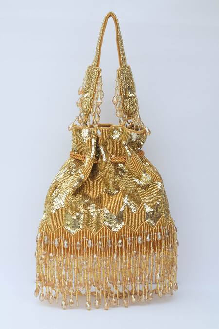 Eena Gold Embroidery, Beads Fringe Potli Bag Online at Aza Fashions Eena_Gold Embroidery, Beads Fringe Potli Bag _Online_at_Aza_Fashions