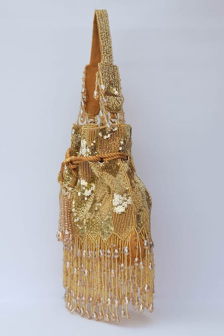 Buy Eena Gold Embroidery, Beads Fringe Potli Bag Online at Aza Fashions Buy_Eena_Gold Embroidery, Beads Fringe Potli Bag _Online_at_Aza_Fashions