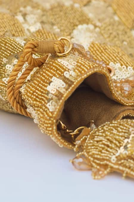 Shop Eena Gold Embroidery, Beads Fringe Potli Bag Online at Aza Fashions Shop_Eena_Gold Embroidery, Beads Fringe Potli Bag _Online_at_Aza_Fashions