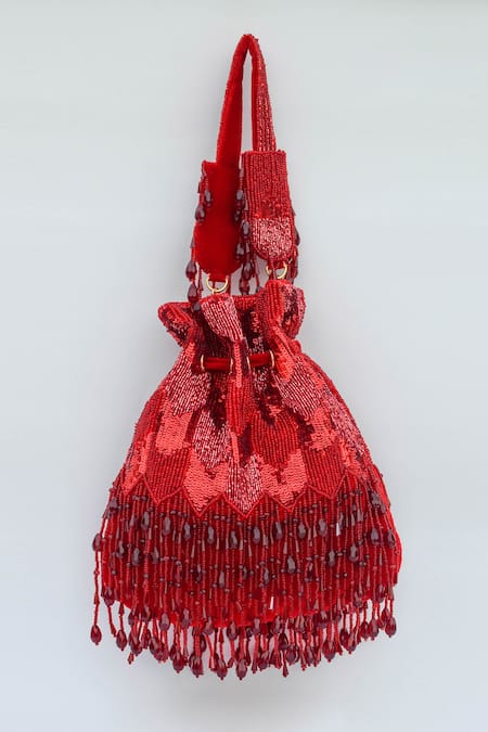 EENA Red Embroidered Fringe Potli Bag