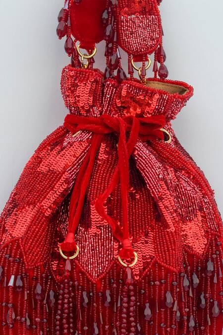 Eena_Red Embroidery, Beads Fringe Potli Bag _Online_at_Aza_Fashions