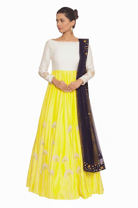 Salt And Spring Yellow Net, Chanderi Floral Motifs Boat Pearl Embroidered Anarkali With Dupatta 