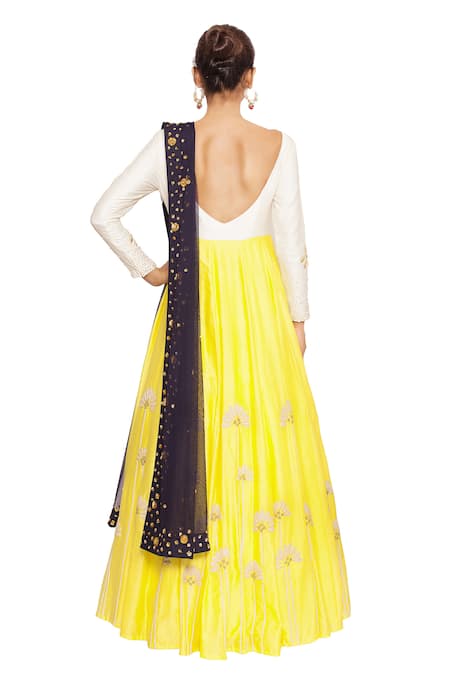 Shop Salt And Spring Yellow Net, Chanderi Floral Motifs Boat Pearl Embroidered Anarkali With Dupatta at Aza Fashions Shop_Salt And Spring_Yellow Net, Chanderi Floral Motifs Boat Pearl Embroidered Anarkali With Dupatta _at_Aza_Fashions