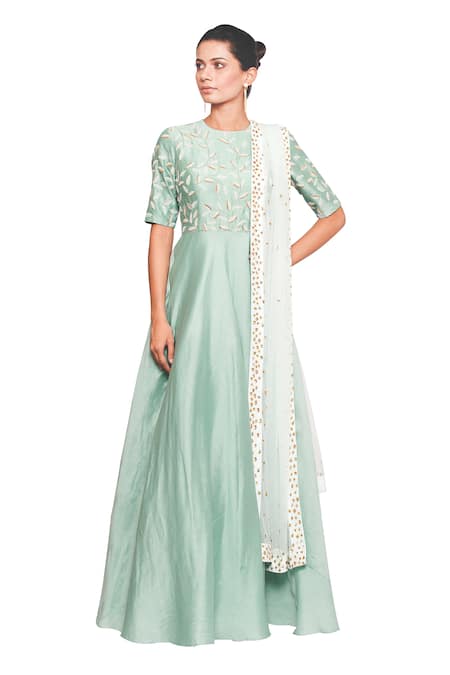 Salt And Spring Green Net, Chanderi Leaf Motifs Round Embroidered Anarkali With Dupatta 
