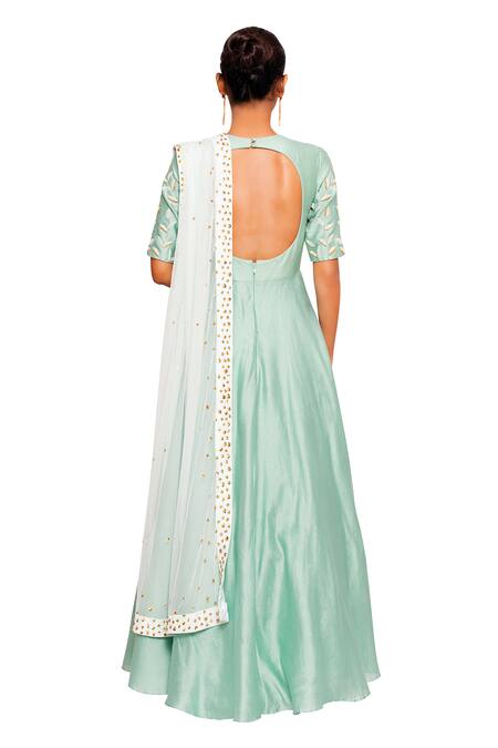 Shop Salt And Spring Green Net, Chanderi Leaf Motifs Round Embroidered Anarkali With Dupatta at Aza Fashions Shop_Salt And Spring_Green Net, Chanderi Leaf Motifs Round Embroidered Anarkali With Dupatta _at_Aza_Fashions