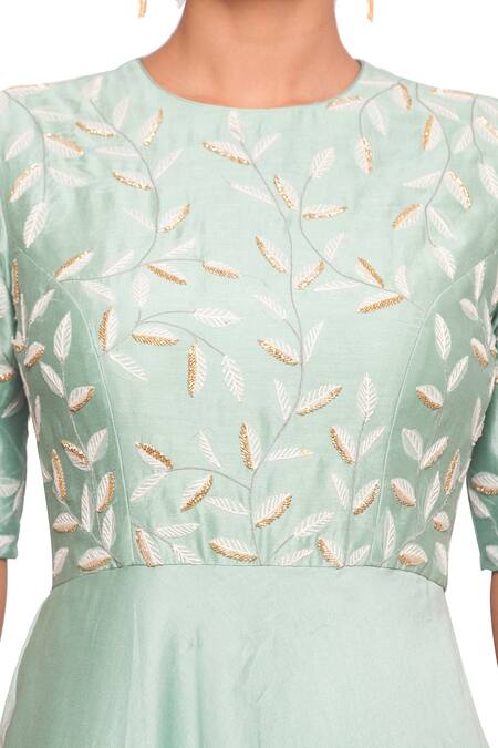 Salt And Spring Green Net, Chanderi Leaf Motifs Round Embroidered Anarkali With Dupatta Online at Aza Fashions Salt And Spring_Green Net, Chanderi Leaf Motifs Round Embroidered Anarkali With Dupatta _Online_at_Aza_Fashions