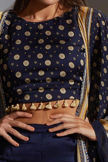 Soup By Sougat Paul_Blue Satin, Muslin Slub Round Printed Jacket And Sharara Set _at_Aza_Fashions