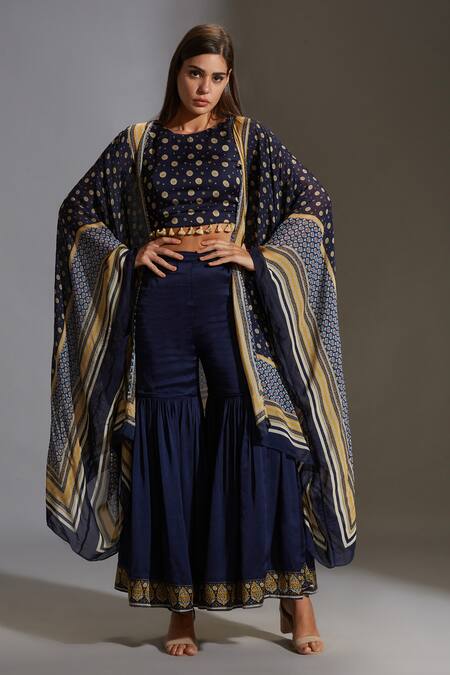 Buy_Soup By Sougat Paul_Blue Satin, Muslin Slub Round Printed Jacket And Sharara Set _Online_at_Aza_Fashions