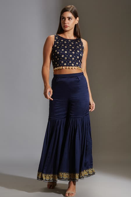 Shop_Soup By Sougat Paul_Blue Satin, Muslin Slub Round Printed Jacket And Sharara Set _Online_at_Aza_Fashions