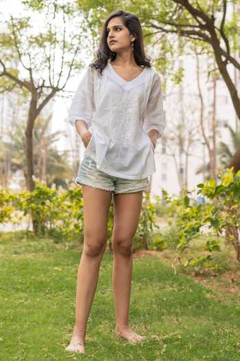 Sufia_White Cotton Slub Chikankari Pleated Ziya Top_Online_at_Aza_Fashions