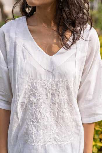 Shop_Sufia_White Cotton Slub Chikankari Pleated Ziya Top_Online_at_Aza_Fashions