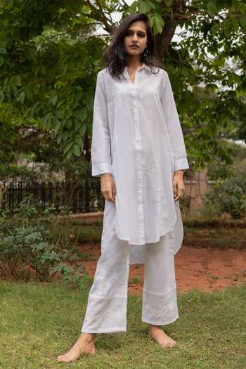 Sufia_White Zia Chikankari Shirt Kurta_Online_at_Aza_Fashions
