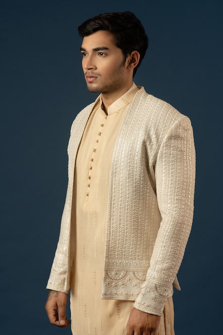 Buy_Soniya G_White Lucknowi Striped Pattern Jacket And Kurta Set _Online_at_Aza_Fashions