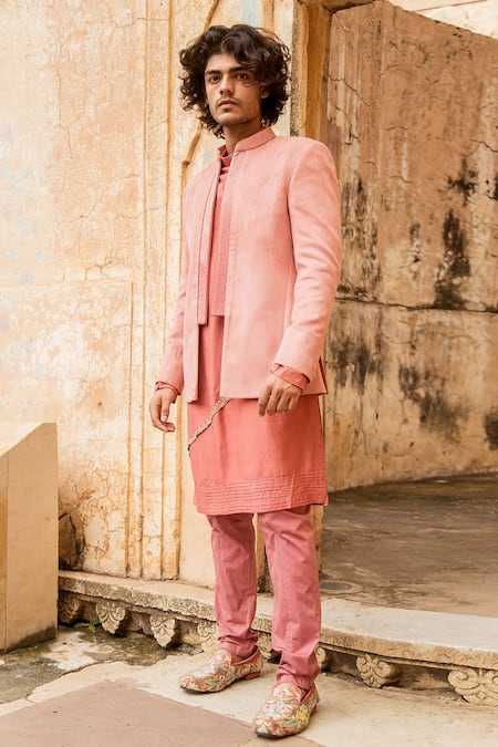 Shop_Soniya G_Pink Suede Front Open Bandhgala And Kurta Set _at_Aza_Fashions