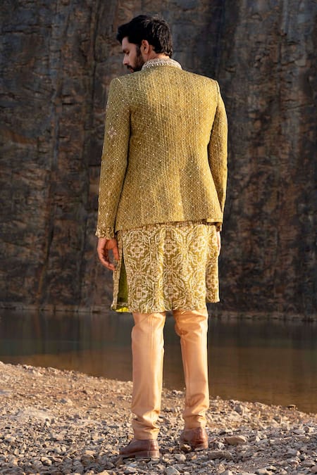 Shop Soniya G Green Silk Mirror , Zari Jacket Kurta Set at Aza Fashions Shop_Soniya G_Green Silk Mirror , Zari Jacket Kurta Set_at_Aza_Fashions