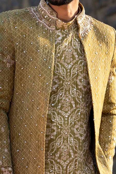 Shop Soniya G Green Silk Mirror , Zari Jacket Kurta Set Online at Aza Fashions Shop_Soniya G_Green Silk Mirror , Zari Jacket Kurta Set_Online_at_Aza_Fashions