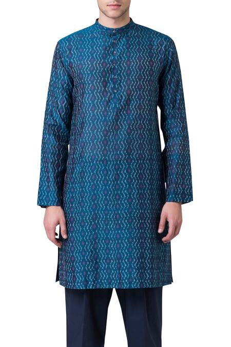Suketdhir Green Cotton Silk Ikat Kurta Online at Aza Fashions Suketdhir_Green Cotton Silk Ikat Kurta _Online_at_Aza_Fashions