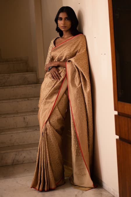 Priyanka Raajiv Beige Silk Brocade Banarasi Woven Thread Saree 