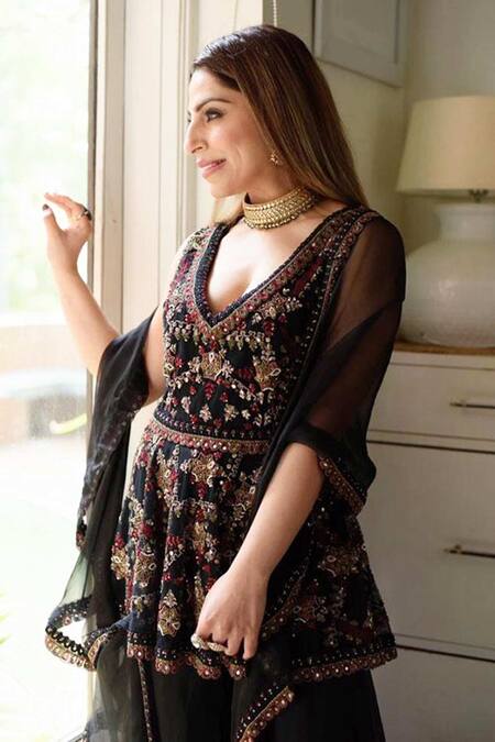 Shop_Ridhima Bhasin_Black Organza V Neck Embroidered Kurta Set _Online_at_Aza_Fashions