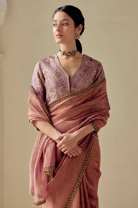 Shop_Mimamsaa_Purple Satin Silk Brocade Woven Floral V Neck Sulakshana Blouse_Online_at_Aza_Fashions