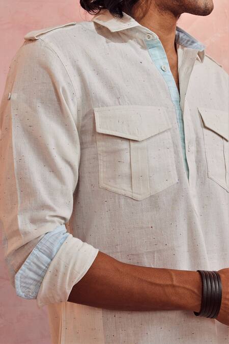 Charkhee White Cotton Woven Colour Specks Pathani Kurta at Aza Fashions Charkhee_White Cotton Woven Colour Specks Pathani Kurta _at_Aza_Fashions