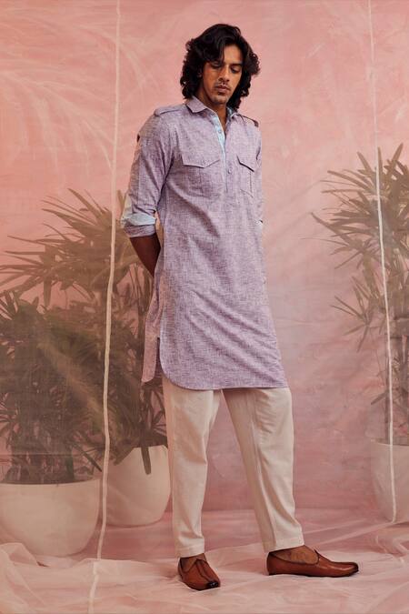 Charkhee_Purple Cotton Textured Pathani Kurta_Online_at_Aza_Fashions