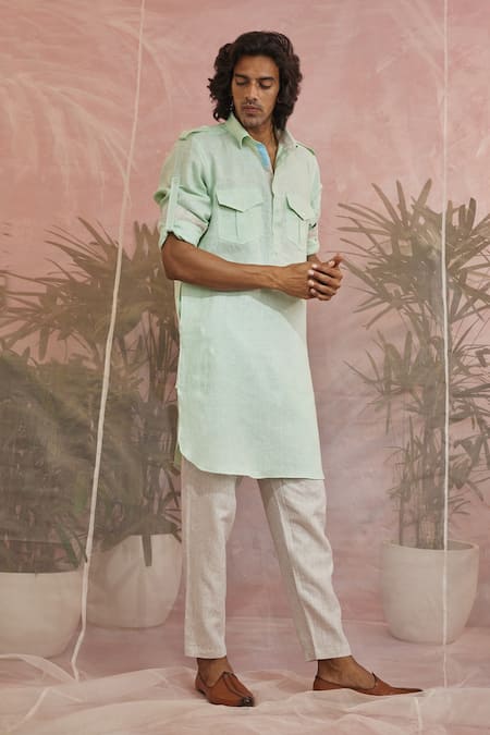 Buy Green Cotton Plain Textured Pathani Kurta For Men by Charkhee