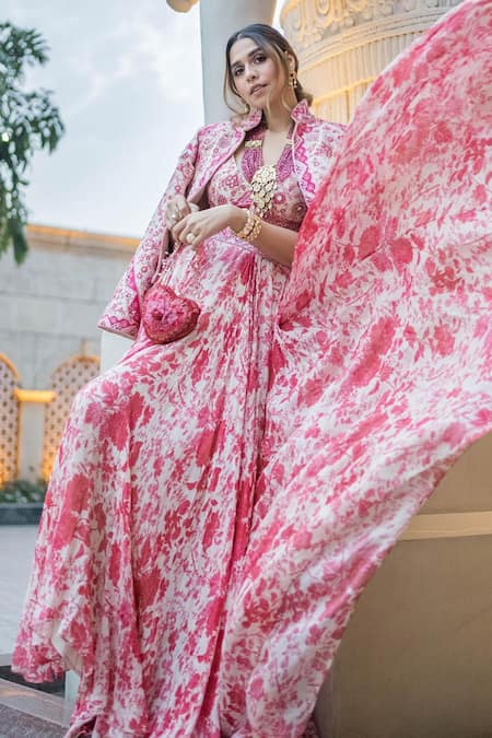 Varun Bahl_Pink Skirt Organza Jacket And Top Modal Dupion Top V Neck & Set _Online_at_Aza_Fashions