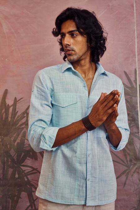 Buy_Charkhee_Blue Cotton Textured Full Sleeve Shirt_Online_at_Aza_Fashions