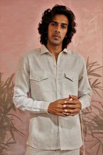 Charkhee_Beige Linen Textured Full Sleeve Shirt_Online_at_Aza_Fashions