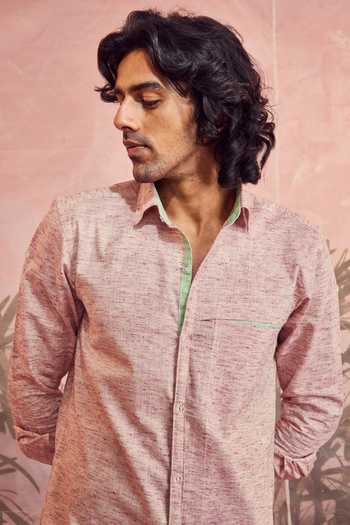 Charkhee_Pink Cotton Textured Full Sleeve Shirt_Online_at_Aza_Fashions