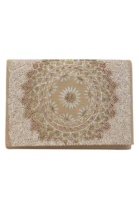 The Purple Sack_Gold Embroidery Flap Clutch With Sling _Online_at_Aza_Fashions