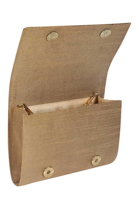 Shop_The Purple Sack_Gold Embroidery Flap Clutch With Sling _Online_at_Aza_Fashions