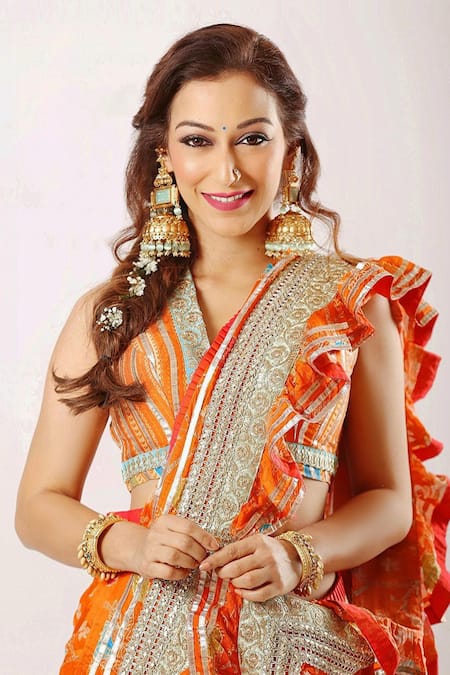 Shop_Gopi Vaid_Orange Saree Chiffon Blouse Cotton Silk Printed Ruffle Set  _at_Aza_Fashions