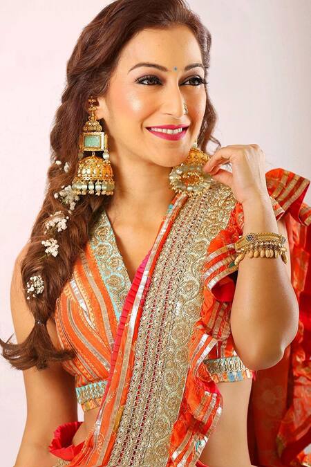 Buy_Gopi Vaid_Orange Saree Chiffon Blouse Cotton Silk Printed Ruffle Set  _Online_at_Aza_Fashions
