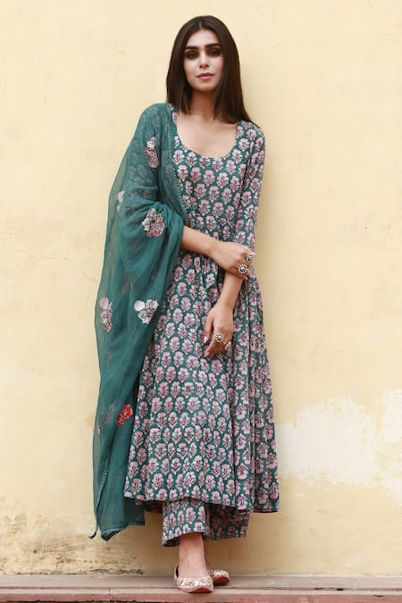 Gulabo Jaipur Green Cotton Printed Floral Scoop Neck Anarkali Set 