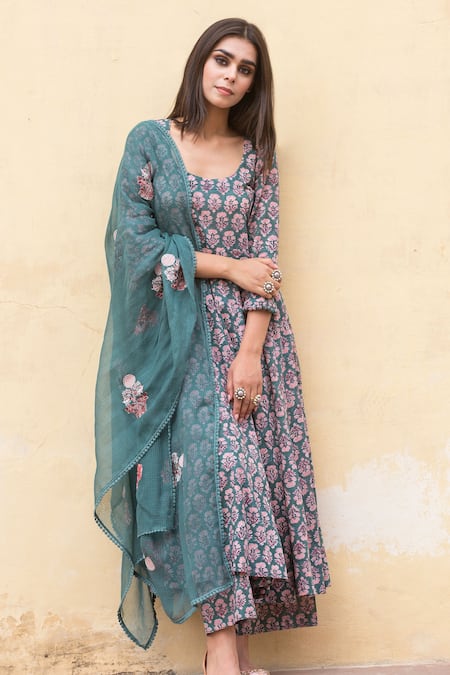 Gulabo Jaipur Green Cotton Floral Scoop Neck Print Anarkali Set Online at Aza Fashions Gulabo Jaipur_Green Cotton Floral Scoop Neck Print Anarkali Set _Online_at_Aza_Fashions