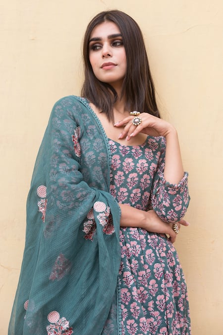 Shop Gulabo Jaipur Green Cotton Floral Scoop Neck Print Anarkali Set Online at Aza Fashions Shop_Gulabo Jaipur_Green Cotton Floral Scoop Neck Print Anarkali Set _Online_at_Aza_Fashions