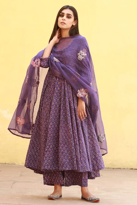 Gulabo Jaipur Purple Cotton Printed Floral Scoop Neck Anarkali Set 