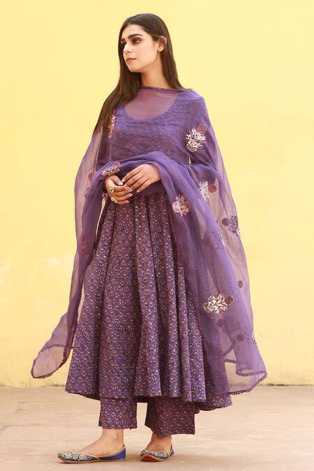 Gulabo Jaipur_Purple Cotton Floral Scoop Neck Print Anarkali Set _Online_at_Aza_Fashions