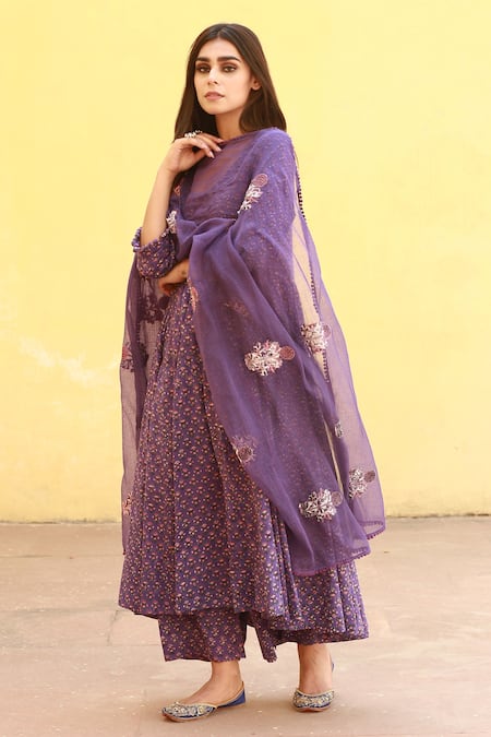 Shop_Gulabo Jaipur_Purple Cotton Floral Scoop Neck Print Anarkali Set _Online_at_Aza_Fashions