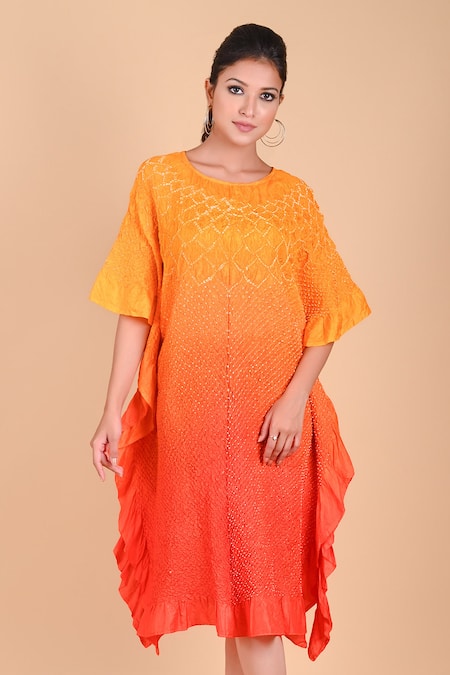 Dyelogue Yellow Mulbery Silk Round Bandhani Dress