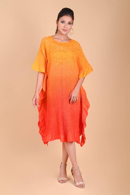 Dyelogue_Yellow Mulbery Silk Round Bandhani Dress _Online_at_Aza_Fashions