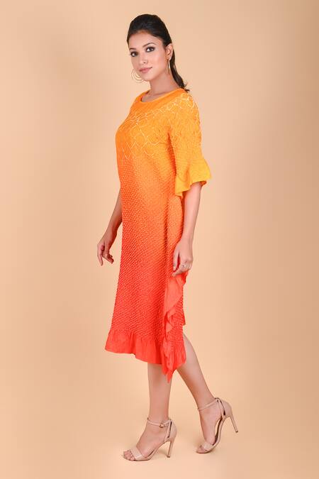 Buy_Dyelogue_Yellow Mulbery Silk Round Bandhani Dress _Online_at_Aza_Fashions