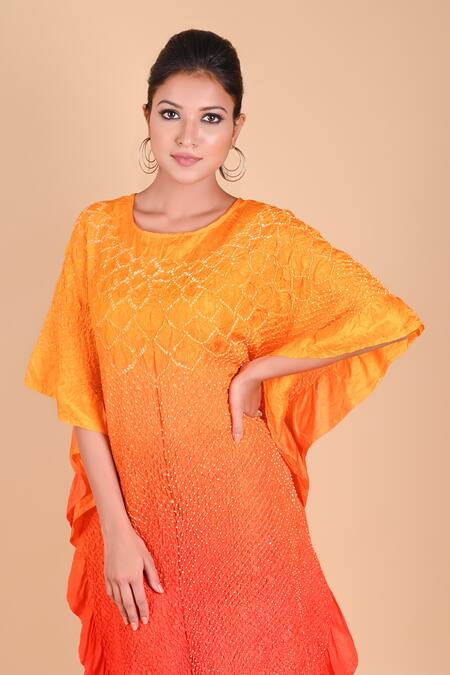 Shop_Dyelogue_Yellow Mulbery Silk Round Bandhani Dress _Online_at_Aza_Fashions